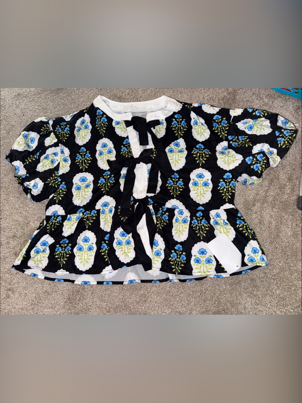Black Floral Tie-Front Peplum Blouse - Blue & White Print